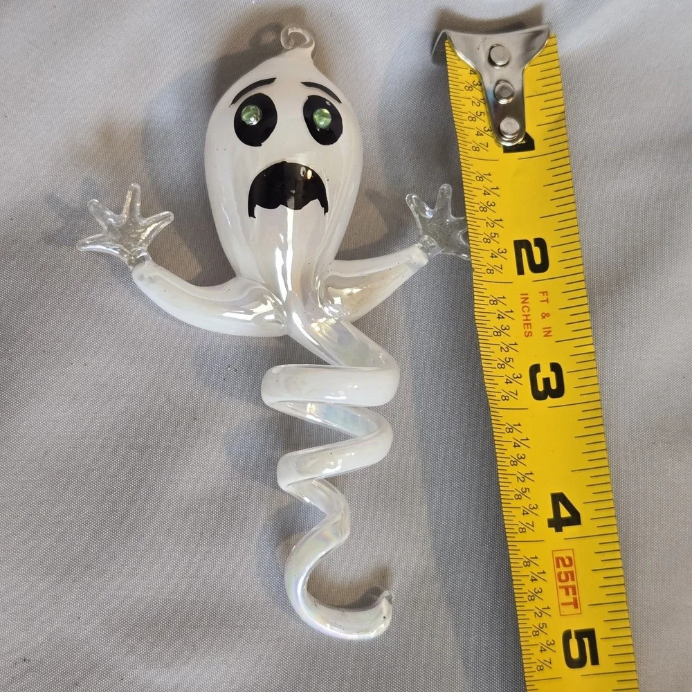 Pier 1 Halloween Iridescent Blown Glass Green Eyes Ghost Ornament Spiral RARE